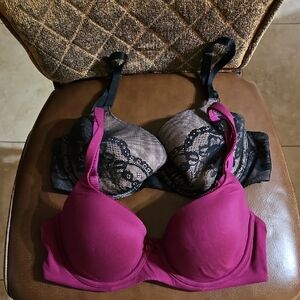 Lot Of 2 Victoria's Secret Lined Demi T-Shirt Underwire Black Tan Pink Lace Bras